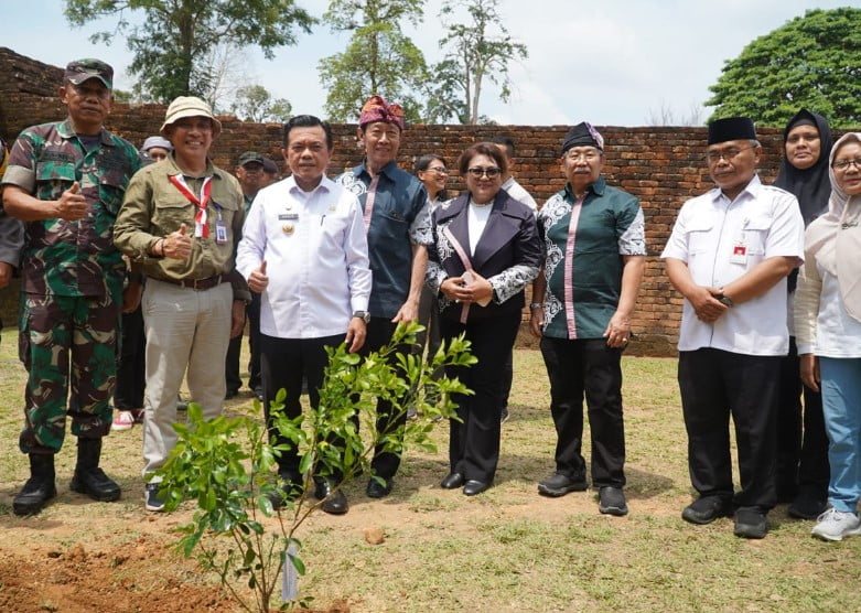 gubernur jambi dalam acara penanaman 11.920 pohon dan semak di kawasan cagar budaya nasional muaro jambi tahun 2023.
