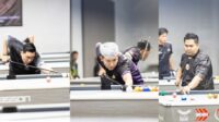 Atlet PT SAS Jhoni Setiawan (kanan) raih posisi 16 besar dalam kejuaraan 9 Ball International Open Handicap. Dua atlit lainnya ikut turun yaitu Andreas (tengah) dan Rio Setiadi (kiri)