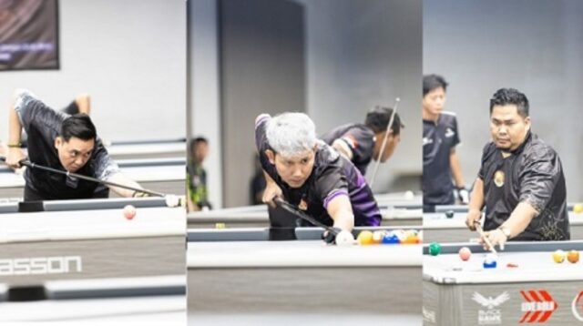 Atlet PT SAS Jhoni Setiawan (kanan) raih posisi 16 besar dalam kejuaraan 9 Ball International Open Handicap. Dua atlit lainnya ikut turun yaitu Andreas (tengah) dan Rio Setiadi (kiri)