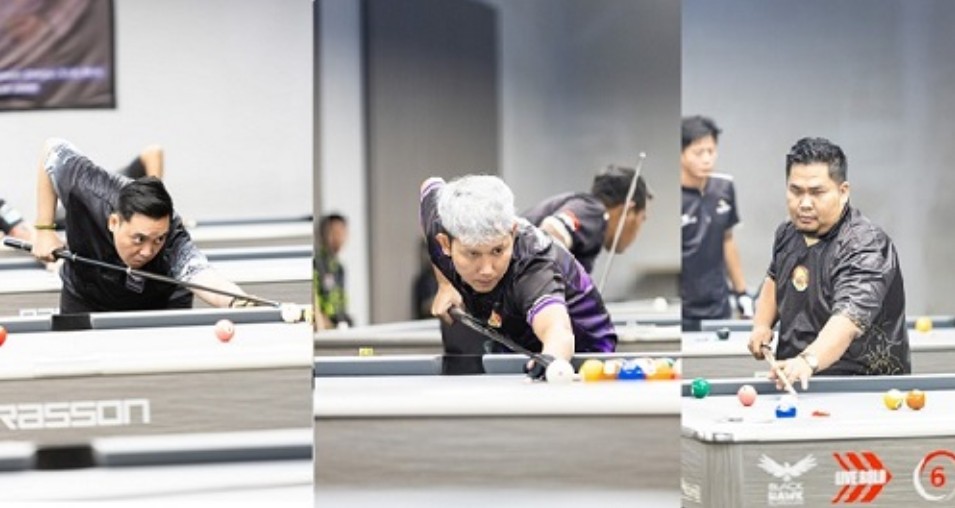 Atlet PT SAS Jhoni Setiawan (kanan) raih posisi 16 besar dalam kejuaraan 9 Ball International Open Handicap. Dua atlit lainnya ikut turun yaitu Andreas (tengah) dan Rio Setiadi (kiri)